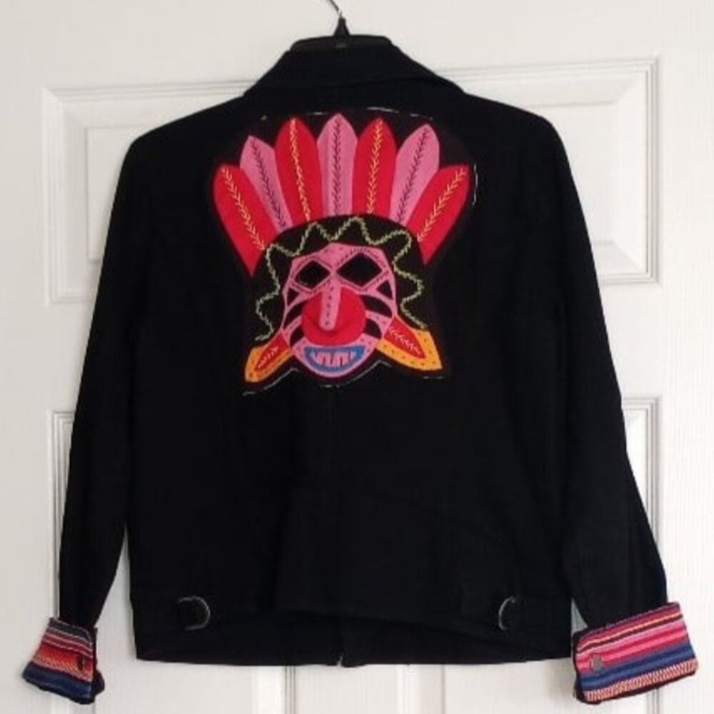 Ralph Lauren Black Denim Chimayo Aztec Indian Head Wearable Art Jean Jacket